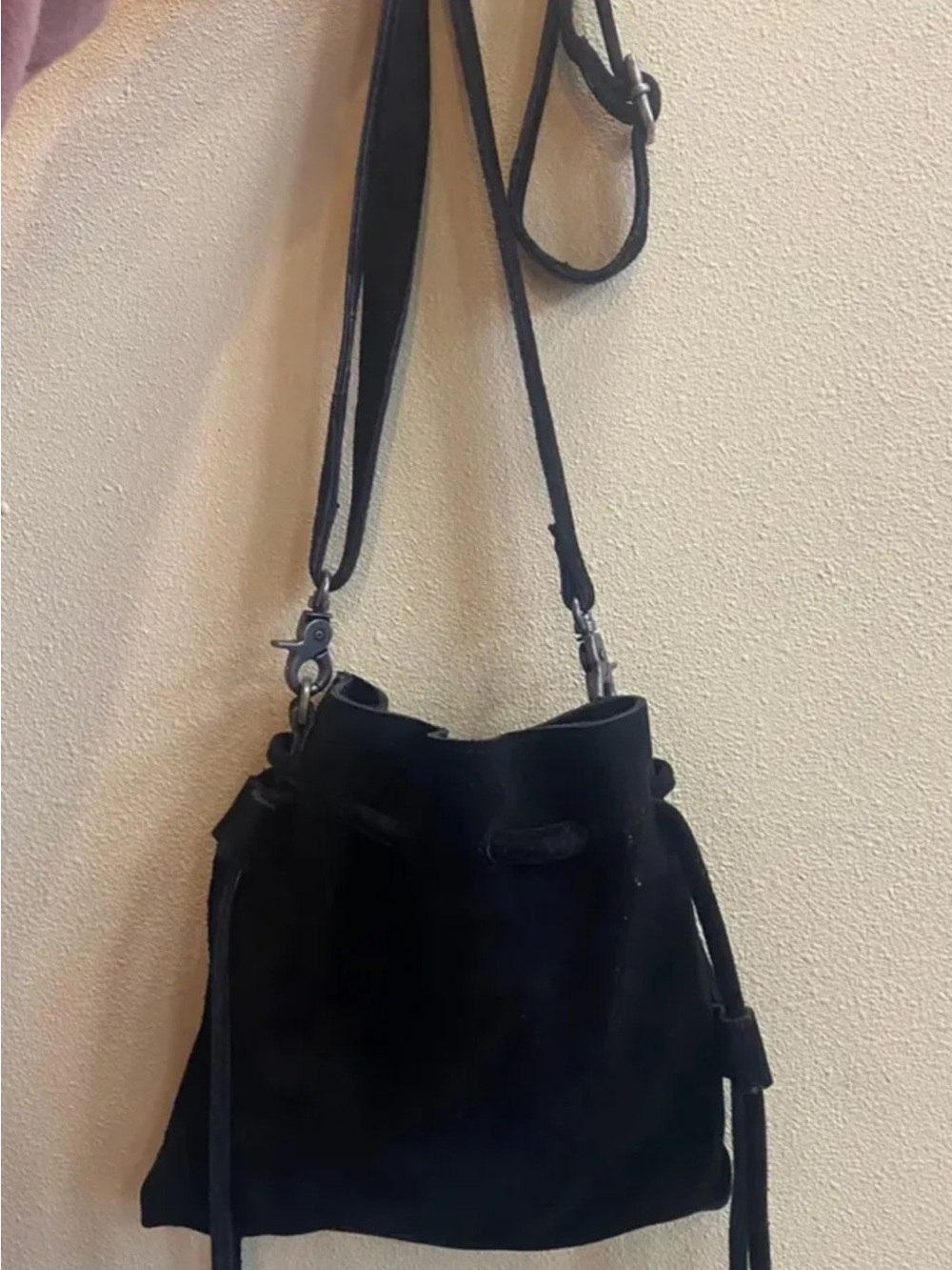 Free People Black Suede Drawstring Crossbody Bucket Bag
